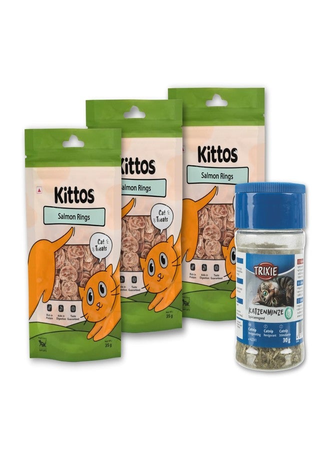 Trixie Combo of Trixie Catnip Dispenser, 30 g and 3 Pack of Kittos Protein Rich Tasty Salmon Rings Cat Treats for Training, 35 g Each - Image 1